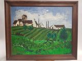 une peinture à l'huile représentant une scène de campagne avec une maison sur une colline