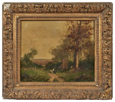 un tableau représentant un paysage avec des arbres et des vaches au premier plan