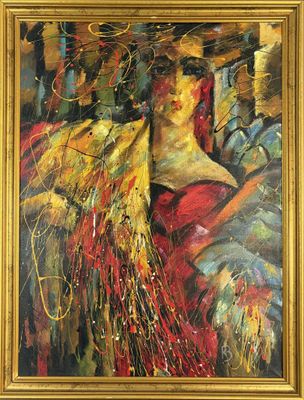 une peinture à l'huile représentant une femme en robe rouge et chapeau