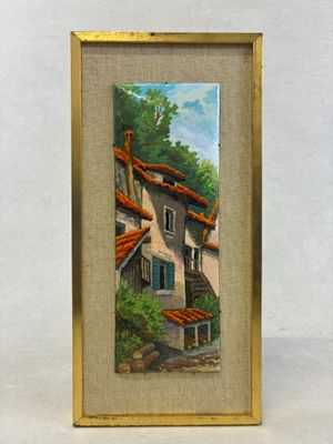 une peinture à l'huile représentant une maison dans un cadre sur fond blanc