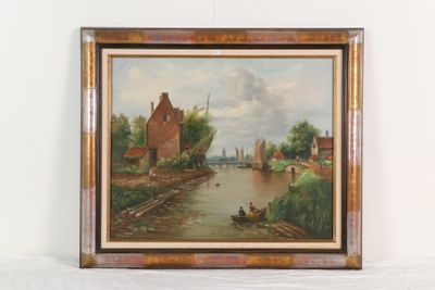 tableau à l'huile encadré représentant une scène fluviale avec des bateaux et des maisons