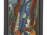 painting of a violin, a guitar, a piano, and an apple on a table
