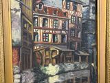 a painting of a street scene with buildings in the background