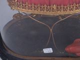 a gold fish under a glass dome with a red cushion