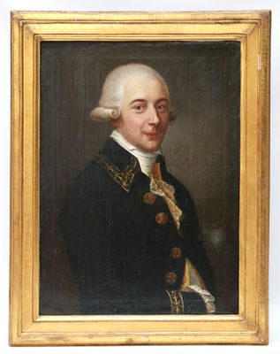 un vieux tableau représentant un homme vêtu d'un manteau noir orné de galons dorés