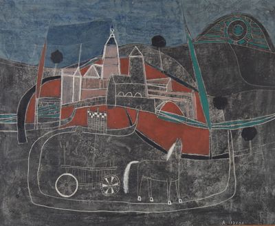 une image représentant un dessin d'une ville avec une tour horloge en arrière-plan