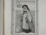 an old book with a drawing of a woman in a long dress