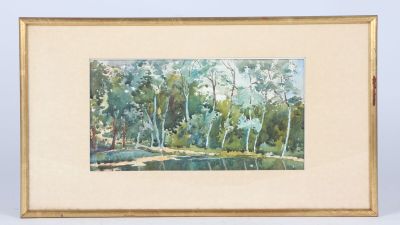 aquarelle encadrée représentant des arbres et une rivière dans une zone boisée