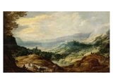 un tableau représentant un paysage montagneux avec un château au loin