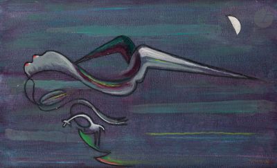 peinture représentant une peinture d'un oiseau volant au-dessus d'un plan d'eau, avec la pleine lune en arrière-plan