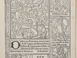 an old book with a drawing of a scene in a medieval setting