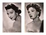 two black and white photos of a woman with a necklace and earrings