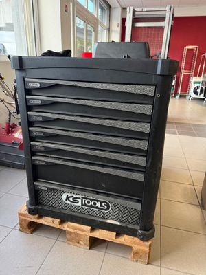 the tool cabinet is sitting on a pallet in the room