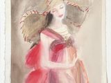 a painting of a woman in a pink dress and a large hat