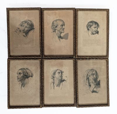 six dessins encadrés représentant des hommes aux expressions faciales variées