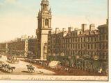 a drawing of a clock tower in the middle of a city