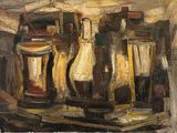 a painting of a group of bottles and jars on a table