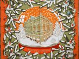 une écharpe orange et verte avec l'image d'une maison dans une boule à neige