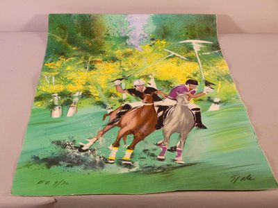 un tableau représentant deux personnes à cheval dans un champ