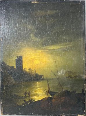 une vieille peinture représentant un bateau sur une rivière, avec un château en arrière-plan