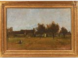 an image of a painting of a farm scene with a horse and a man