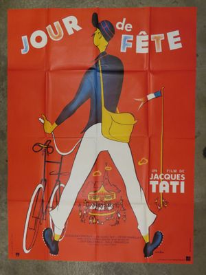 french poster of a man riding a bicycle with a basket on the back of it