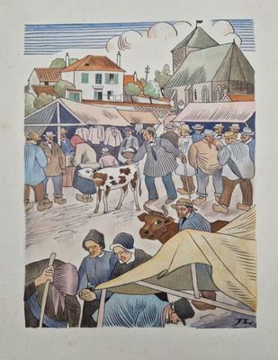 une image représentant un tableau où l'on voit des personnes et une vache sur un marché
