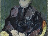 tableau représentant une femme assise sur une chaise, vêtue d'un manteau noir