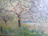a painting of a woman standing under a tree in a field