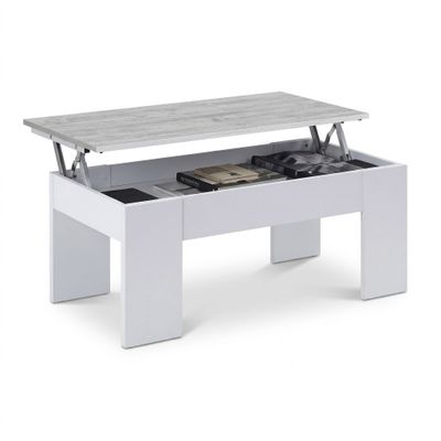 une table basse blanche sur laquelle est posé un ordinateur portable