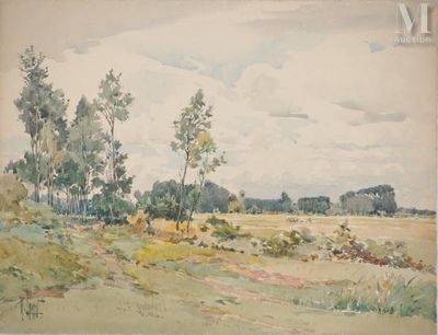 l'image d'une peinture représentant un champ avec des arbres au loin