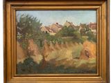 a painting of a farm scene with hay stacks and trees