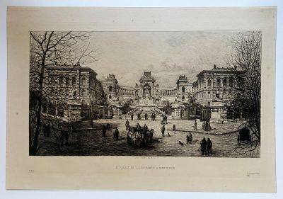 un dessin en noir et blanc représentant une scène de rue avec des passants