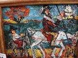 a painting of a man riding a horse next to a sign