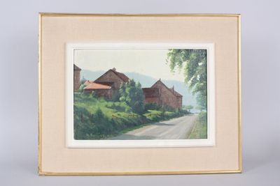 an image of a painting of a country road in a frame