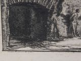 a black and white drawing of a man standing in front of a stone wall