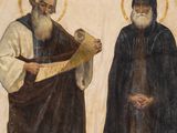 painting of two men in robes holding a scroll and standing next to each other