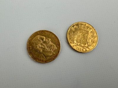 two gold coins on a white surface next to each other