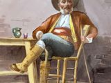un tableau représentant un homme assis à une table, une canne à la main