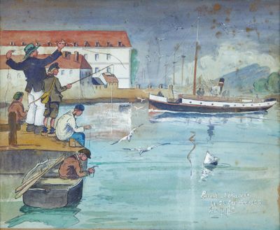an image of a painting of a group of people on a dock