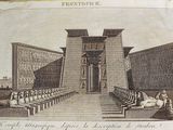 an old drawing of a large building with a bunch of people sitting on benches
