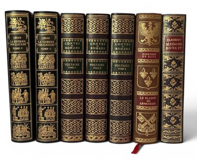 six vieux livres sont alignés sur une surface blanche