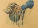 painting of a saddled horse with a saddle on it ' s back