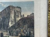 painting of a building with a crowd of people standing outside of it