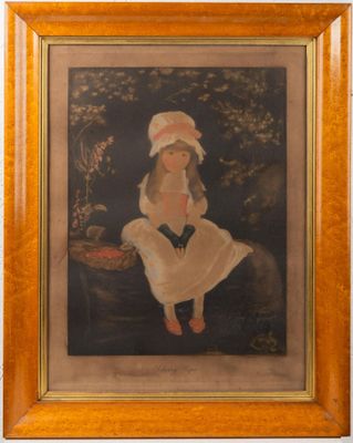 tableau représentant une femme en robe blanche et chapeau, assise sur un banc