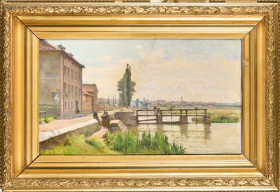 an oil painting of a bridge over a river with a building in the background