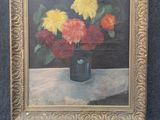 painting of flowers in a vase on a table next to a painting of a landscape