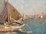 painting of a sailboat in a harbor with other boats in the background