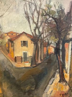 an oil painting of a street with houses and trees in the background