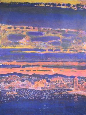 une image représentant un tableau représentant une vue d'une ville au coucher du soleil